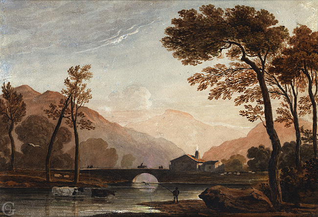 Varley, Fisherman by a River with a Stone Bridge